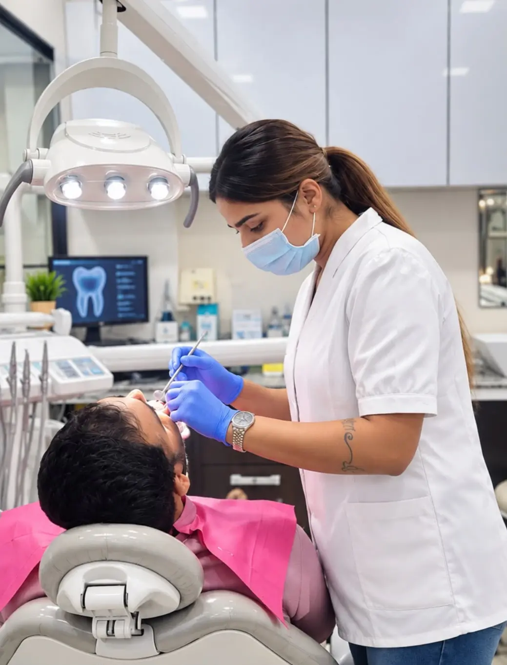 Dentist examining a smiling patient in the treatment room at Osteo-Dent Surgical Hub, Dombivali East