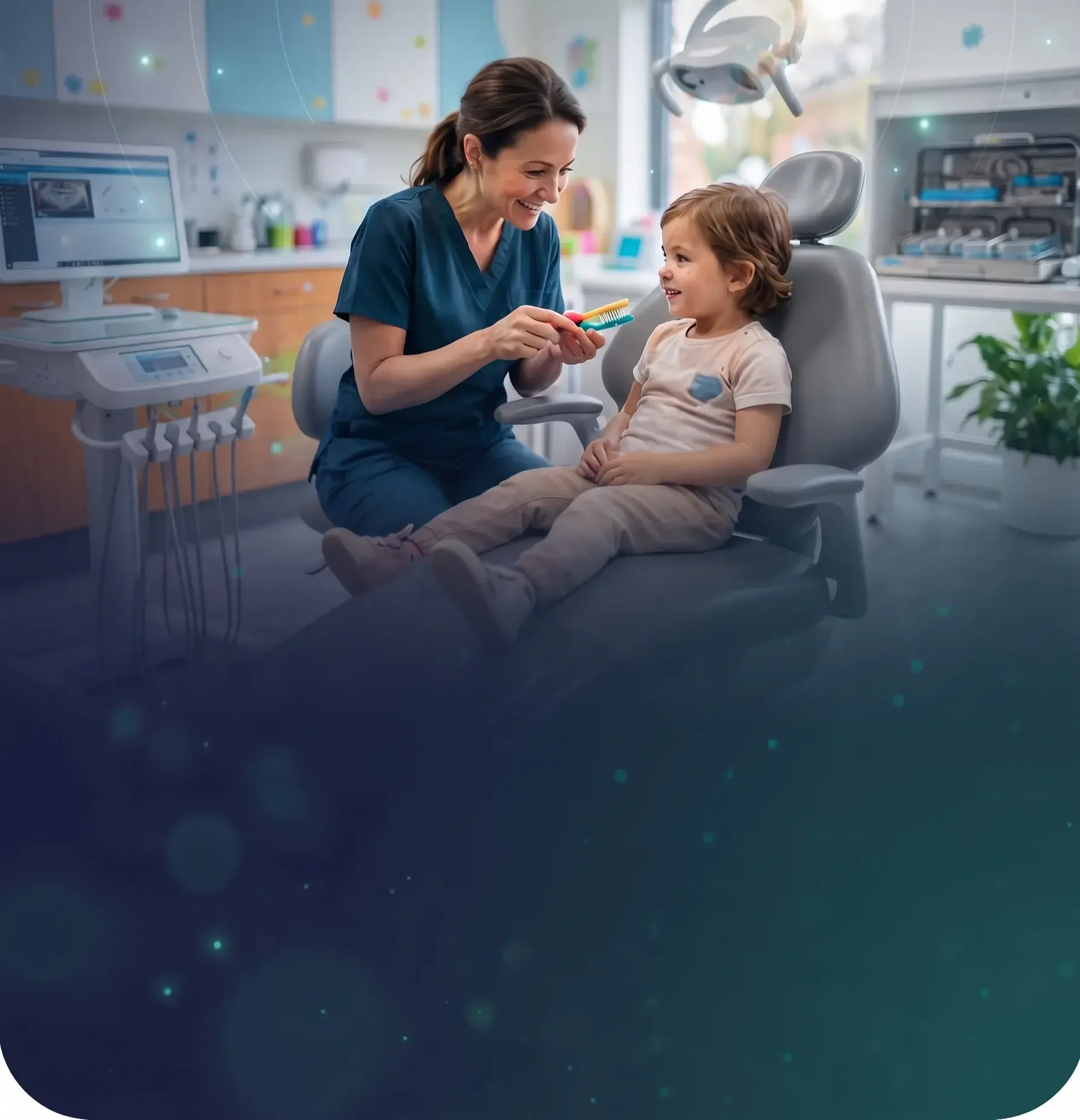 Illustration of a smiling child's tooth with a toothbrush and star